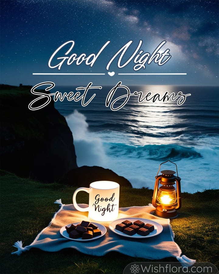 Good night blessings with a tranquil coastal scene featuring a glowing mug, cozy blanket, chocolates, vintage lantern, and starry sky.