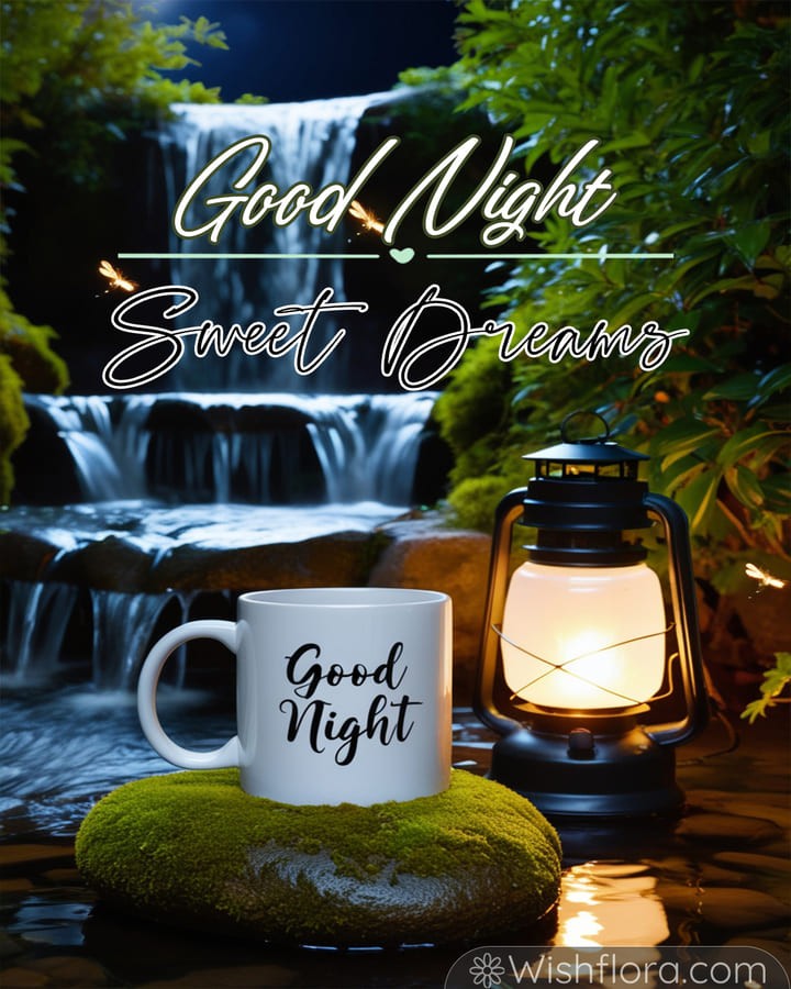 Serene good night image of a moonlit waterfall, glowing mug, moss-covered rock, lantern, and dancing fireflies.