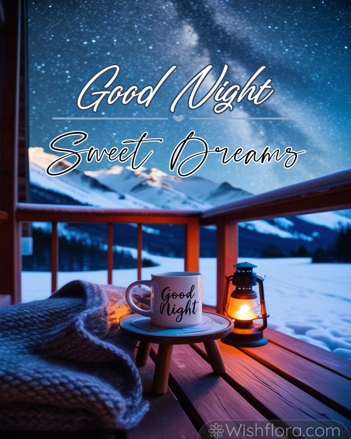 Serene good night blessings with a starlit mountain retreat, glowing mug, lantern, cozy knit blanket, and snowy peaks.