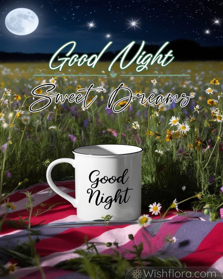 Good night image of a moonlit wildflower meadow, glowing mug, checkered blanket, vibrant flowers, and a peaceful ambiance.