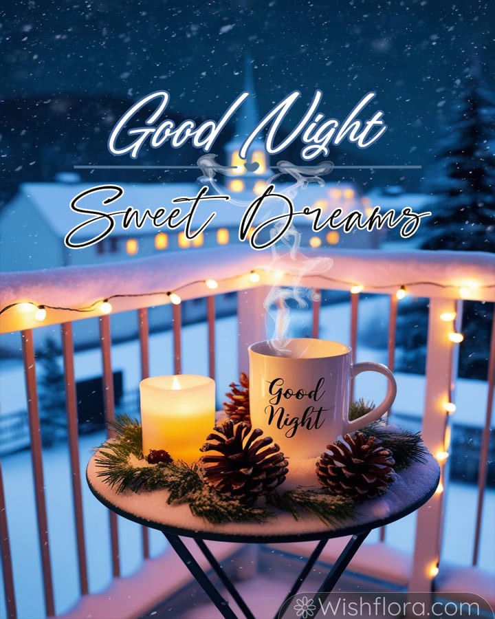 Good night blessings from a snowy balcony with festive lights, steaming mug, candle, and a view of a snow-covered village church.