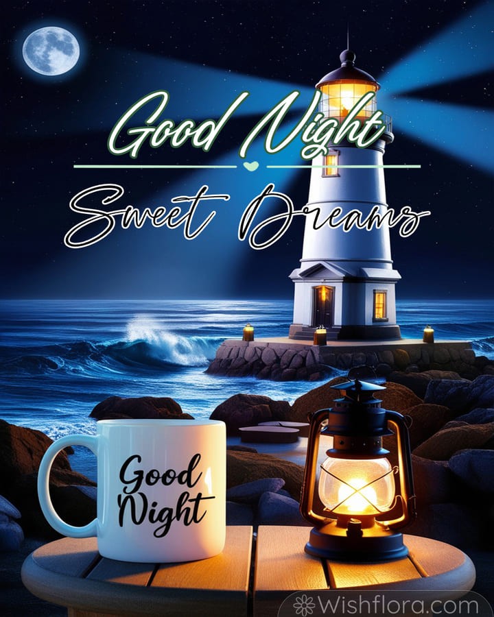 Tranquil good night image featuring a glowing mug, rustic lantern, lighthouse, moonlit ocean, and gentle waves.