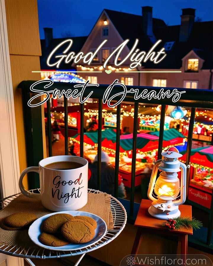 Festive good night image of a Christmas market view with a glowing mug, cookies, lantern, and vibrant holiday decorations.