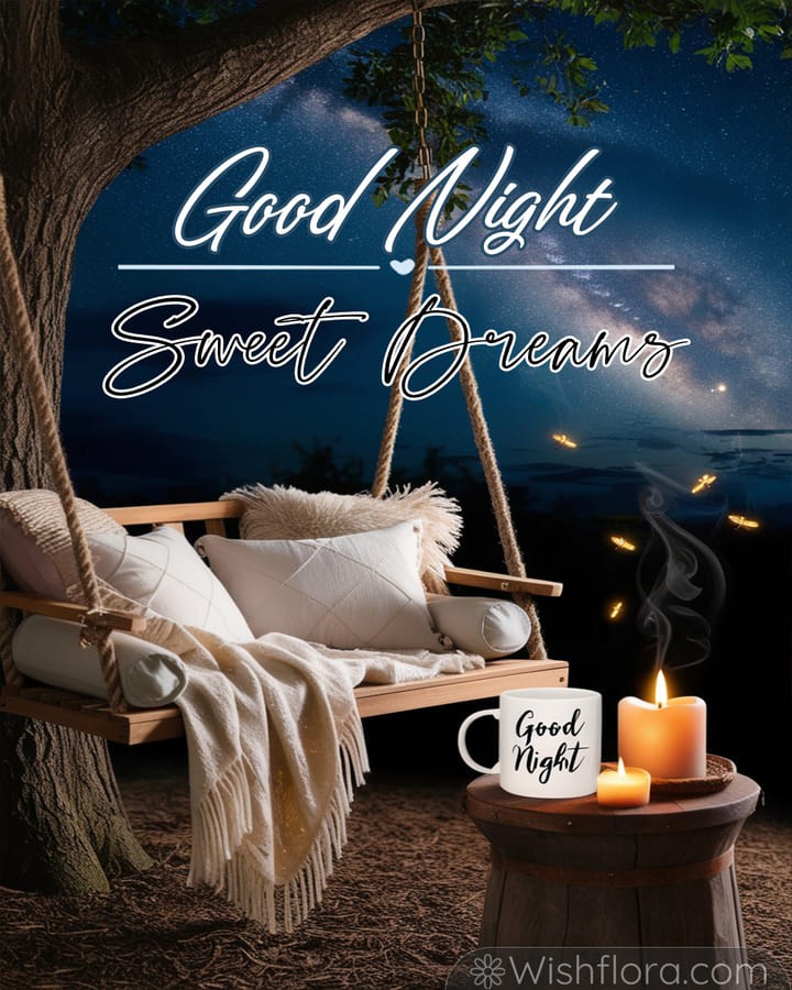 Good night blessings with a wooden swing, cozy cushions, fringed throw, glowing candles, and fireflies under a starry sky.