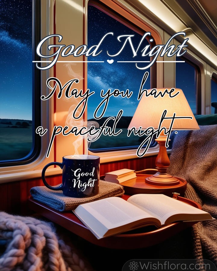 Good Night Images of a cozy train cabin with a steaming mug, soft blanket, open book, and a starlit window view for peaceful sleep.