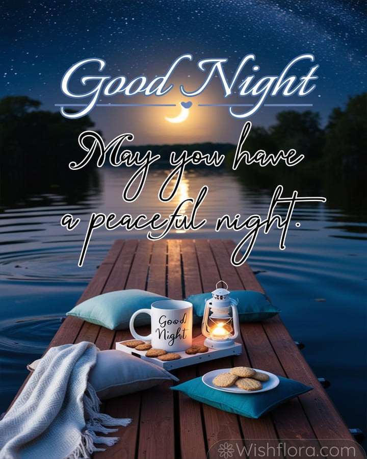 Tranquil Good Night Images of a lakeside dock with a glowing mug, cookies, lantern, and crescent moon reflecting on calm waters.