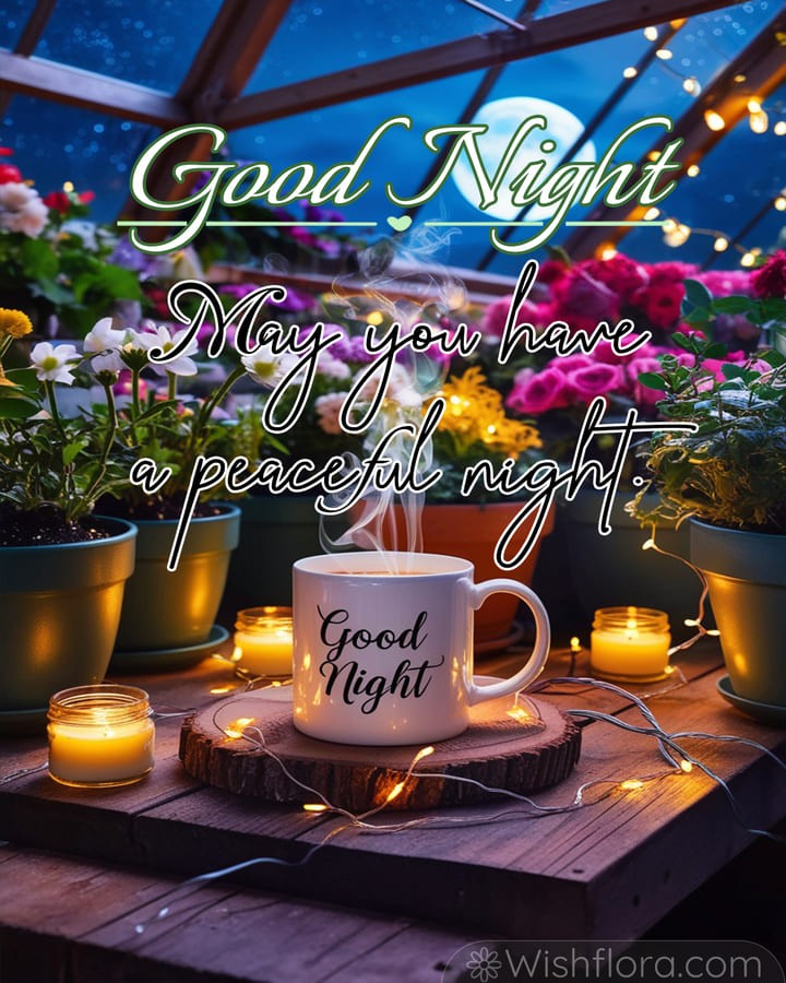 Enchanting Good Night Images of a garden oasis with glowing candles, string lights, vibrant flowers, and a steaming mug under the stars.