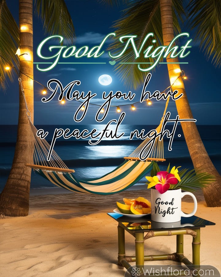 Tropical Good Night Images of a moonlit hammock beach scene with glowing string lights, a bamboo table, mug, tropical flowers, and ocean waves.