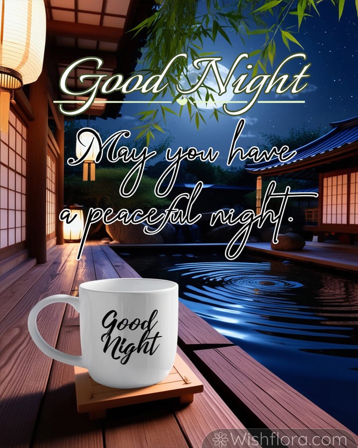 Tranquil Good Night Images of a Japanese-inspired koi pond with rippling water, lanterns, swaying bamboo, and a glowing mug on a wooden deck.