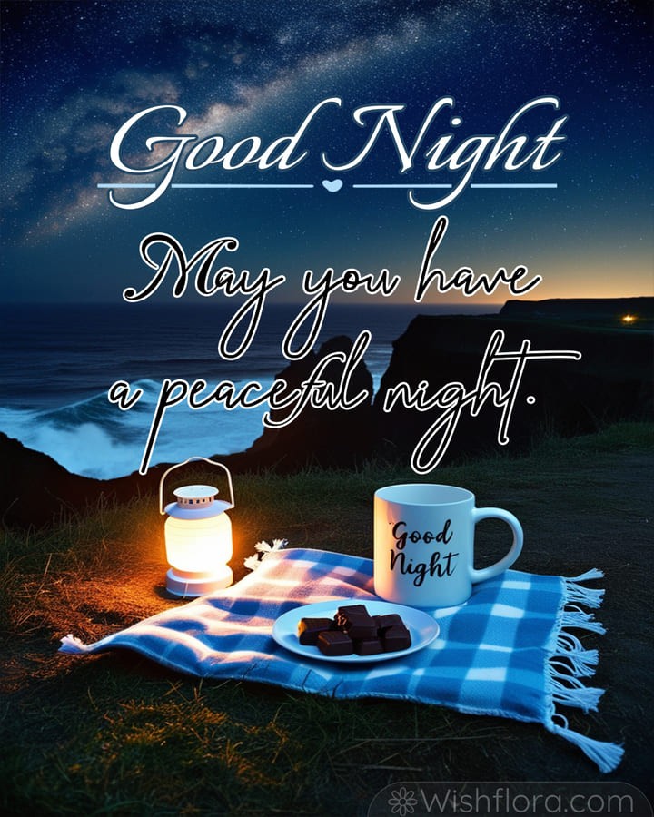 Serene Good Night Images of a rugged coastline with a glowing lantern, checkered blanket, steaming mug, and starlit ocean waves for calm vibes.