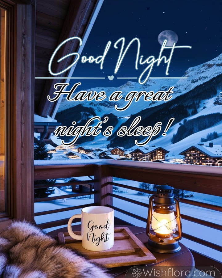 Good Night Images featuring a cozy snowy village balcony with a glowing lantern, steaming mug, and a mountain backdrop under the full moon, spreading peaceful good night blessings.