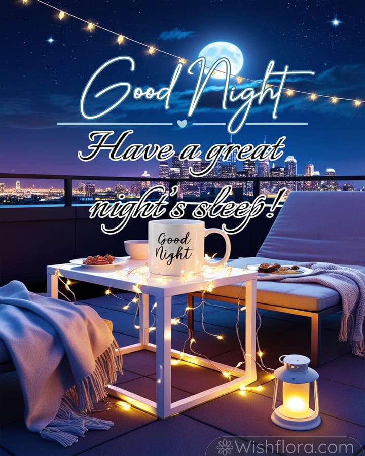 Enchanting Good Night Images of a rooftop retreat with a glowing mug, fairy lights, snacks, a cozy chair, and a city skyline under the full moon, perfect for heartfelt good night blessings.