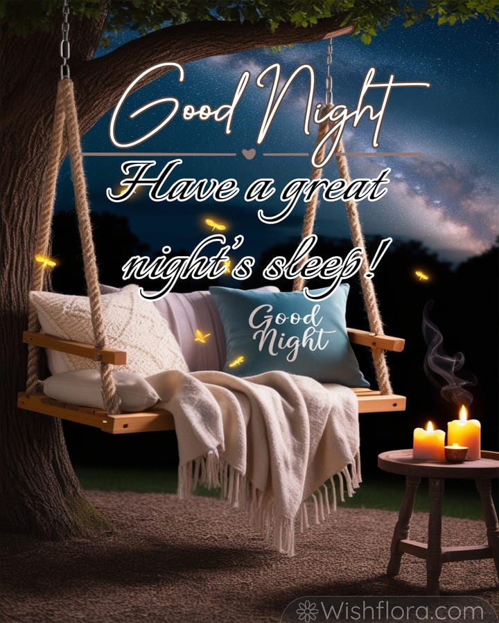 Serene good night image of a cozy swing with pillows and blankets, glowing candles, fireflies, and a starlit sky, perfect for sharing heartfelt good night blessings.