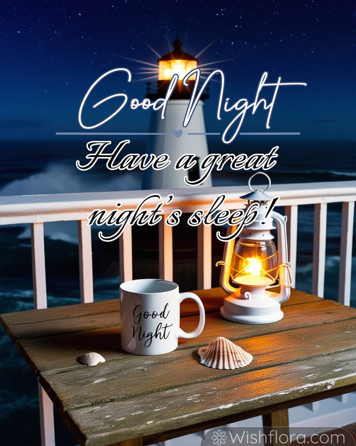 Tranquil Good Night Images of a lighthouse balcony by the ocean with a glowing mug, lantern, seashells, and a starlit sky, evoking calm and peaceful good night blessings.