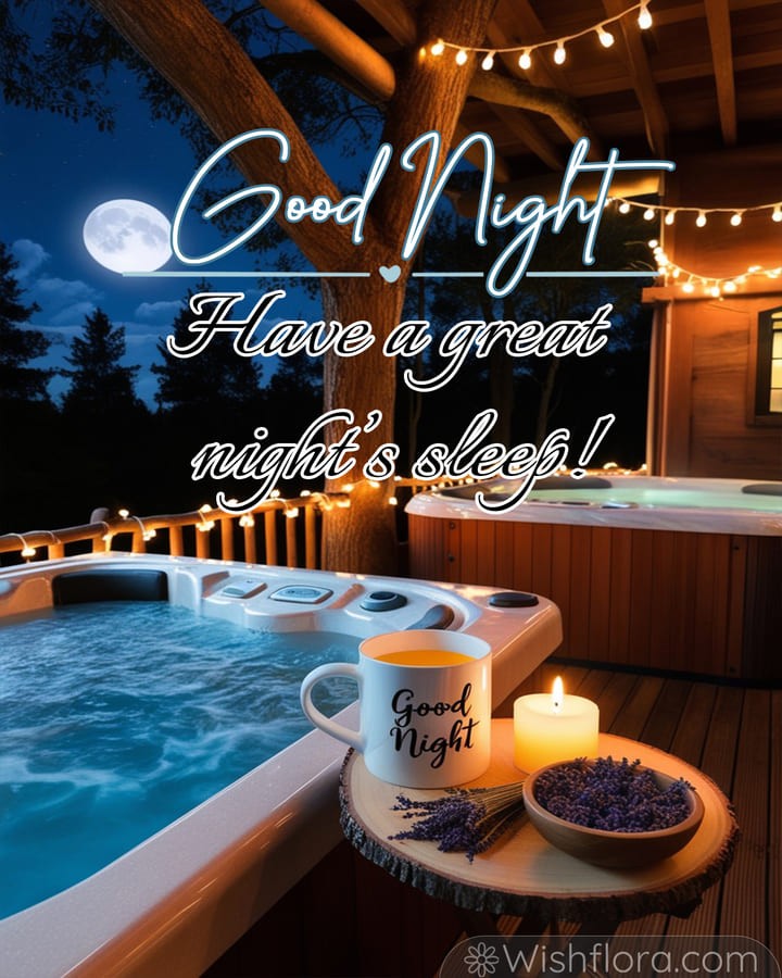 Relaxing good night blessings with a moonlit hot tub retreat surrounded by string lights, a steaming mug, lavender sprigs, and flickering candles under the stars.