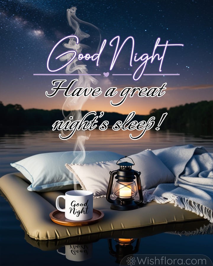 Peaceful Good Night Images of calm waters with a cozy floating mattress, blankets, pillows, and a glowing lantern reflecting the starlit sky, inspiring restful good night blessings.