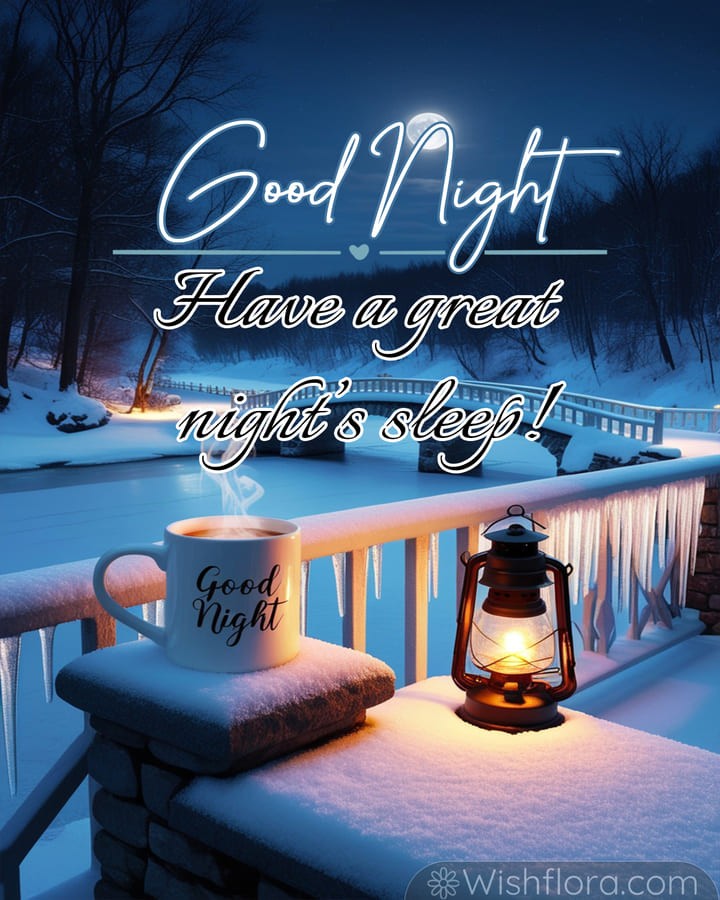 Good Night Images of a snowy winter scene with a steaming mug, glowing lantern, and a serene view of a frozen bridge under the full moon, spreading tranquil good night blessings.