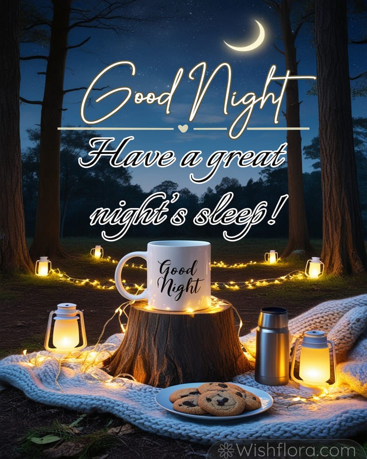 Magical Good Night Images of a forest retreat with a cozy blanket, tree stump table, cookies, lanterns, and string lights, perfect for sharing warm good night blessings.