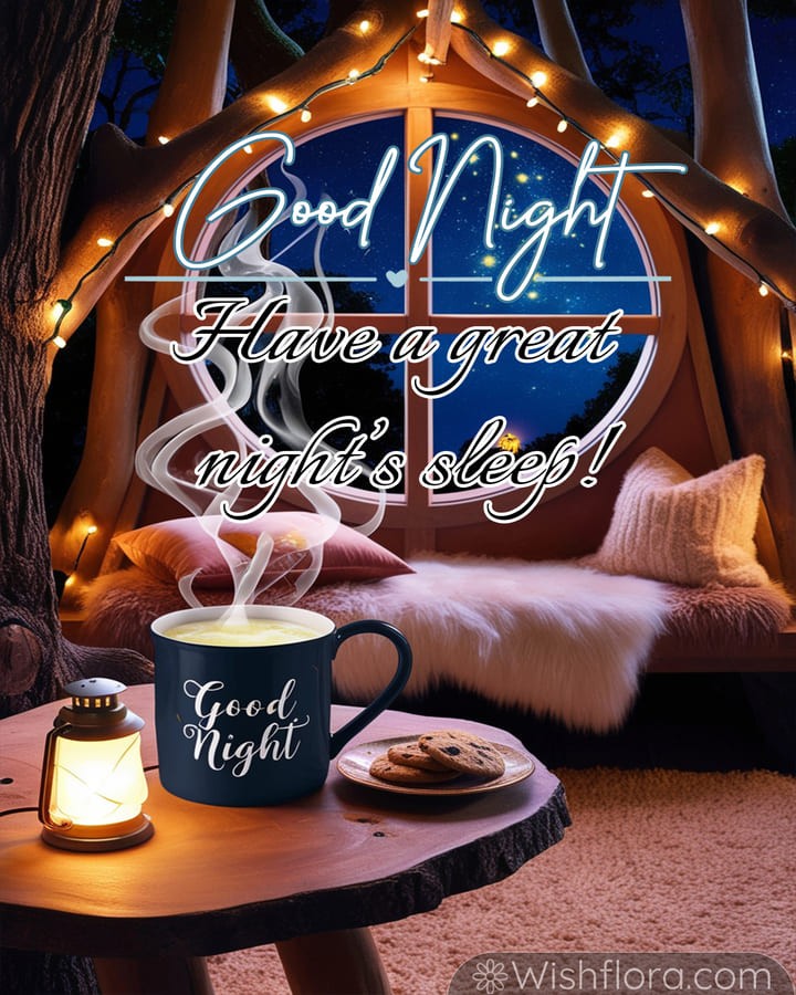 Charming Good Night Images of a magical treehouse with a steaming mug, cookies, glowing lantern, plush bedding, and twinkling string lights, spreading sweet good night blessings.