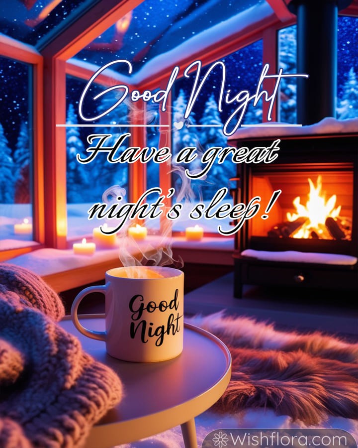 Warm Good Night Images of a fireside winter retreat with a glowing mug, knitted blanket, flickering candles, and a snowy starlit view, inspiring peaceful good night blessings.