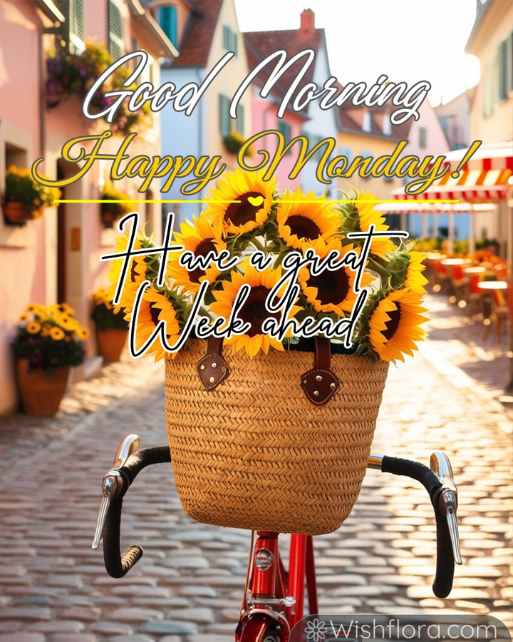 Good Morning Monday image of a sunny village morning with a red bicycle, basket of sunflowers, colorful houses, and blooming flowers.