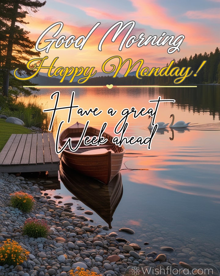 Good Monday morning blessings with a calm lakeside scene, wooden boat, vibrant flowers, and swans gliding across the still water.