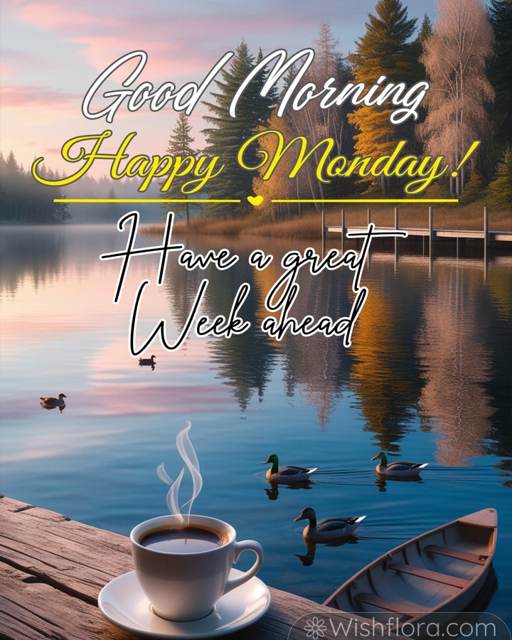 Good Morning Monday image of a steaming cup of coffee on a dock overlooking a tranquil lake with ducks and autumn sunrise reflections.