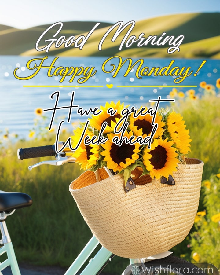 Good Morning Monday image of a lakeside bike ride with a mint-green bicycle, basket of sunflowers, and gentle sunlight reflections.