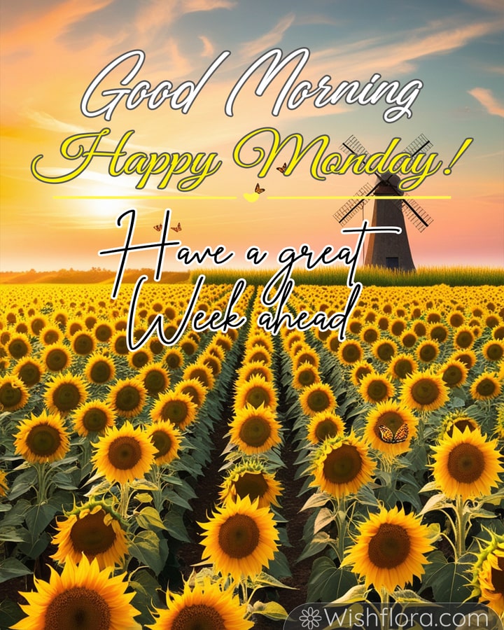 Good Morning Monday image of a sunflower field at sunrise with a picturesque windmill and butterflies symbolizing positivity and hope.