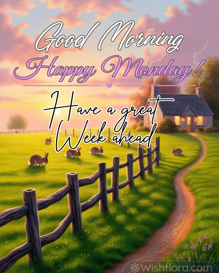 Good Morning Monday blessings with a charming countryside sunrise, stone cottage, lush pastures, and playful rabbits.