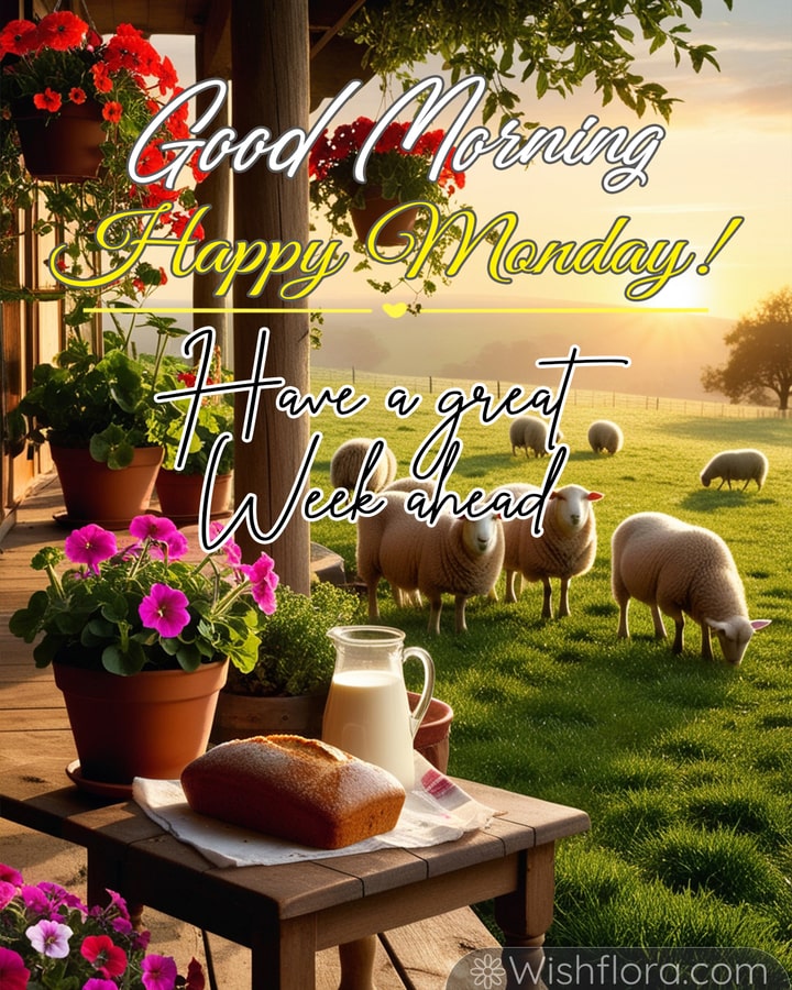 Good Morning Monday image of a rustic table with fresh bread, milk, blooming flowers, and a golden sunrise over grazing sheep.