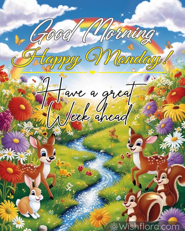 Good Monday morning image with a vibrant rainbow, wildflowers, sparkling stream, and frolicking woodland creatures.