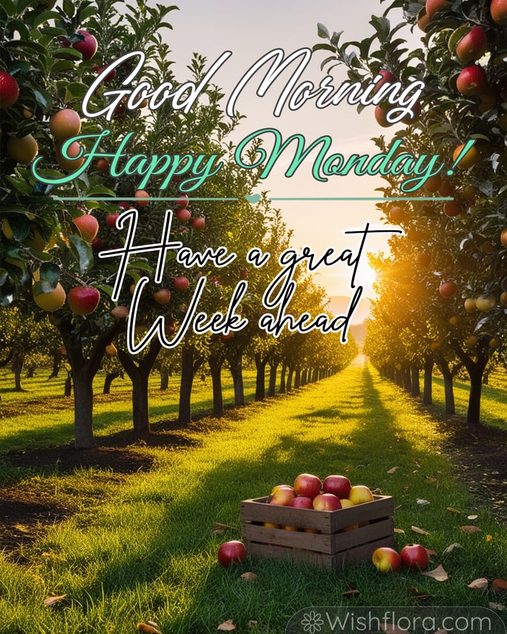 Good Morning Monday blessings with an apple orchard at sunrise, golden light, lush trees, and freshly picked apples in a wooden crate.