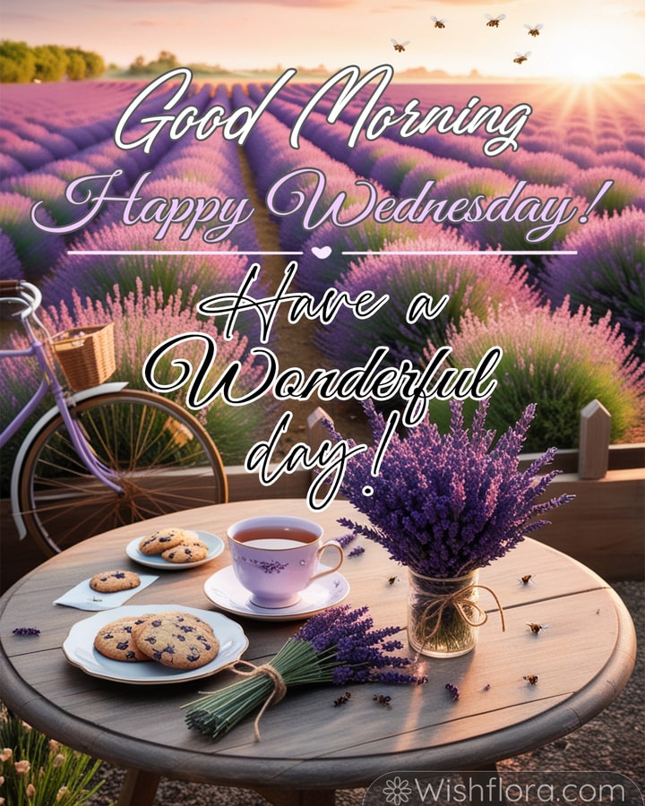 Good Morning Wednesday image of a lavender field at sunrise with a teacup, cookies, fresh flowers, and a countryside bicycle.