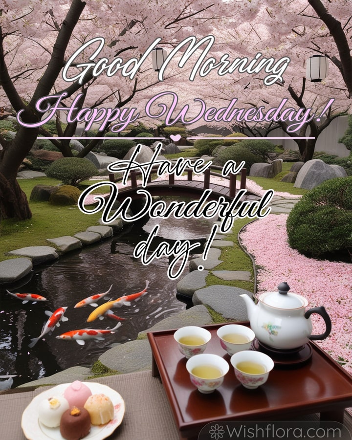 Good Morning Wednesday image featuring cherry blossoms, a koi pond, wooden bridge, green tea, and Japanese sweets for a serene start to the day.