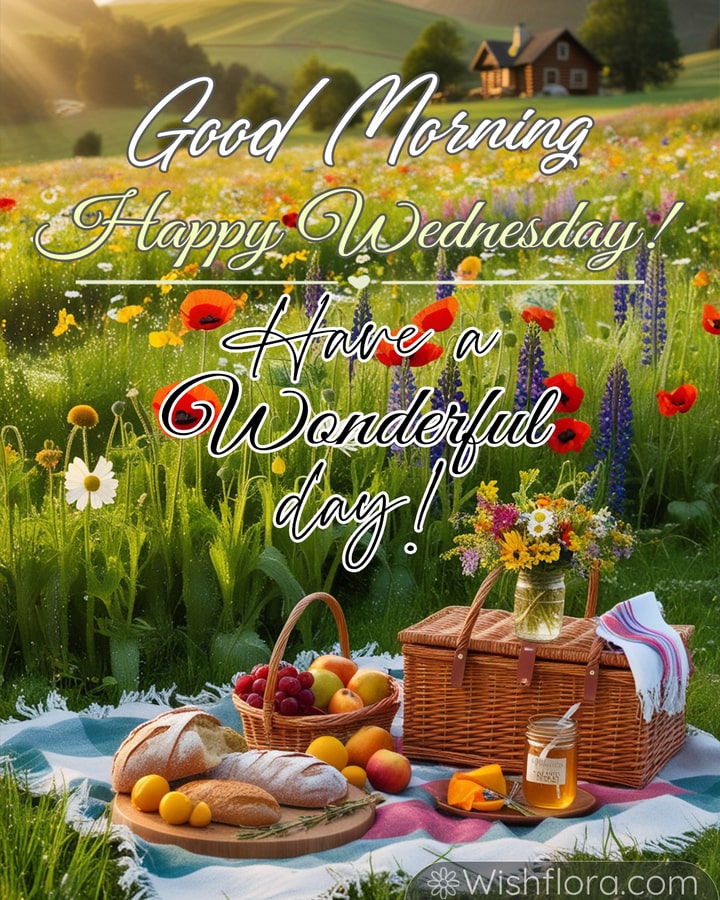 Good Morning Wednesday image of a countryside picnic with fruits, honey, rustic bread, and wildflowers surrounded by rolling hills.