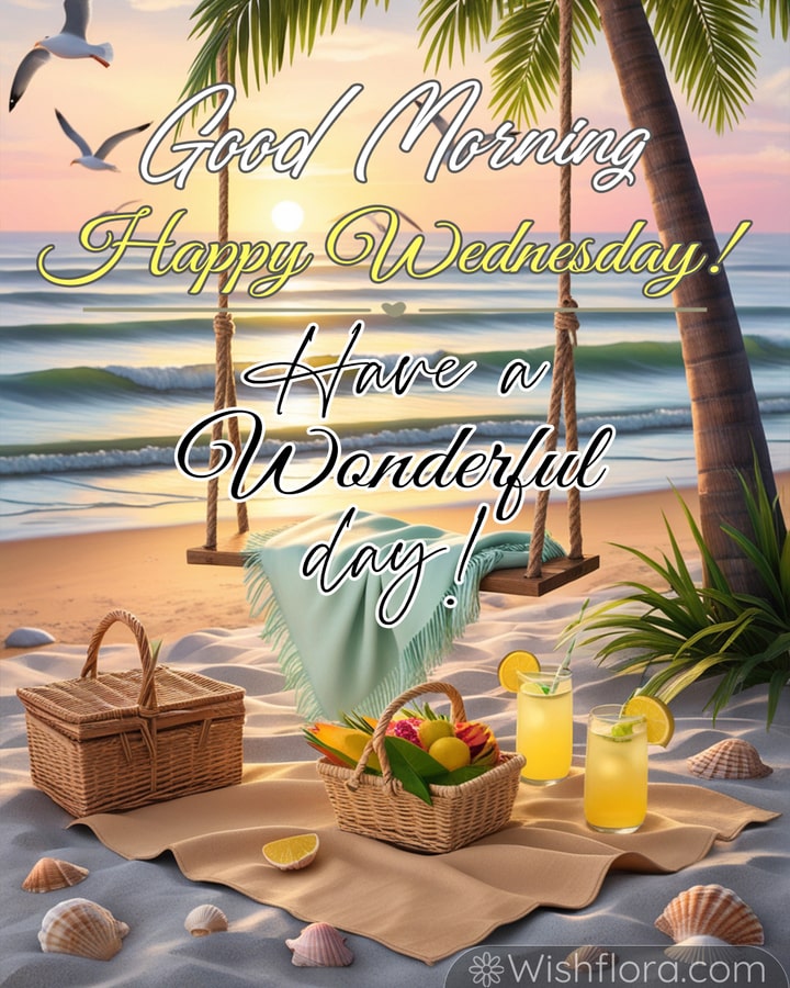 Good Morning Wednesday blessings with a beach picnic setup, swing between palm trees, tropical fruits, and a serene sunrise.