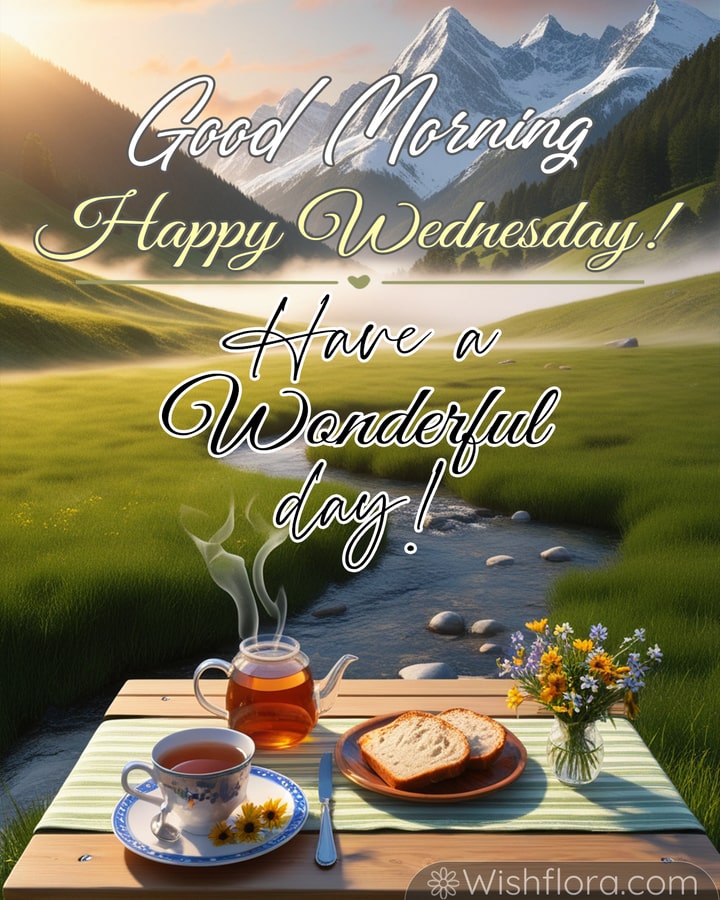 Good Morning Wednesday image of a mountain valley with tea, fresh bread, wildflowers, and a peaceful stream under golden light.