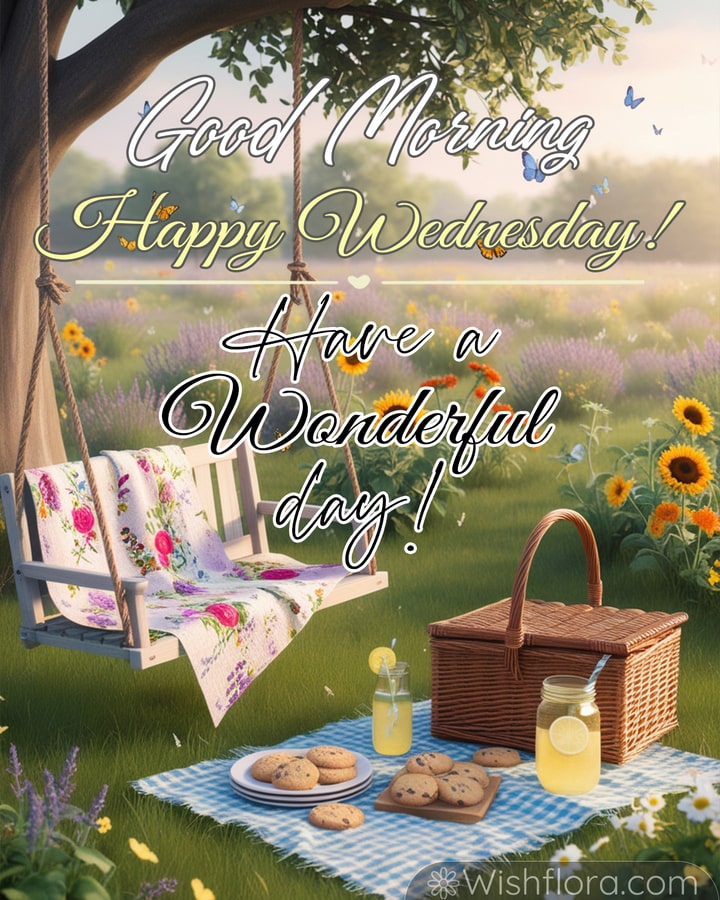 Good Morning Wednesday blessings with a sunlit garden swing, picnic with lemonade, cookies, sunflowers, and lavender blooms.