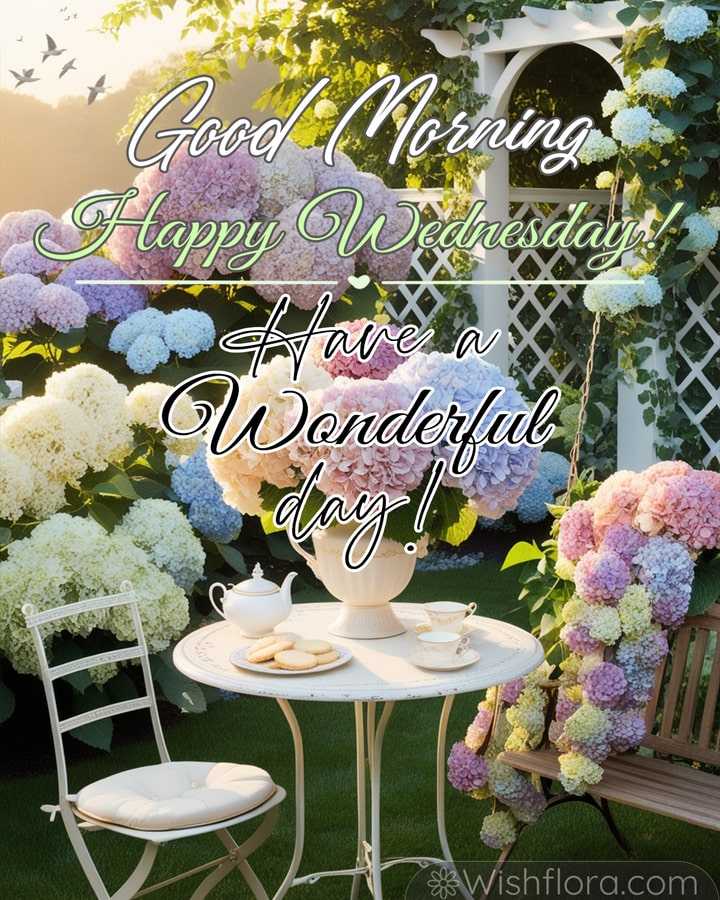 Good Morning Wednesday blessings with a garden filled with pastel hydrangeas, a tea set, cookies, and a floral swing illuminated by soft sunlight.