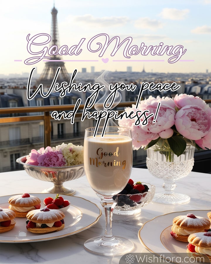 Good morning image featuring a creamy latte, pastries, and fresh berries with a view of the Eiffel Tower bathed in golden morning light.