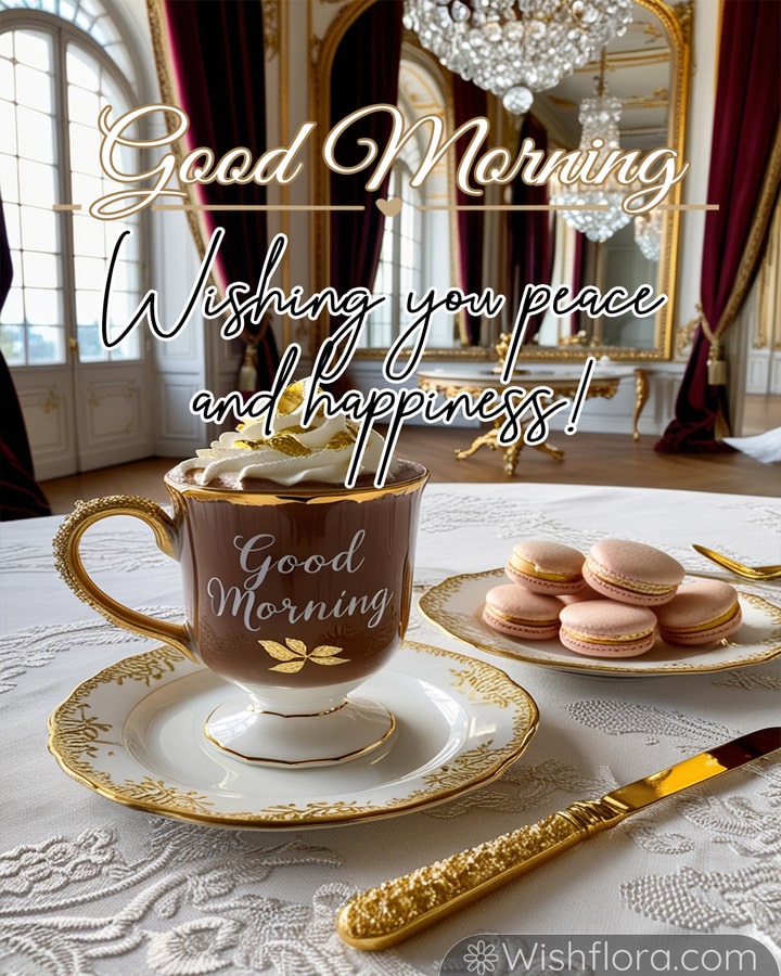 Elegant good morning blessings with a gold-accented coffee cup, pink macarons, fine china, and luxurious decor exuding sophistication.