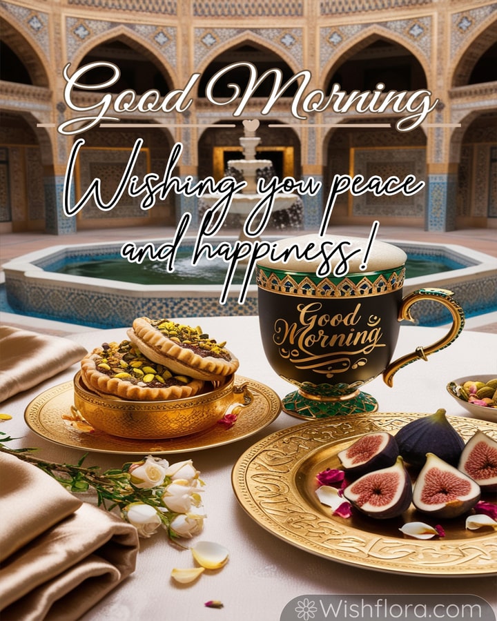 Good morning image of a serene courtyard featuring a gold-detailed cup, figs, cookies, rose petals, and an ornate mosaic fountain.