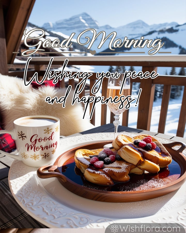 Good morning blessings in a cozy alpine setting with a steaming snowflake mug, golden French toast, berries, and snowy mountain views.