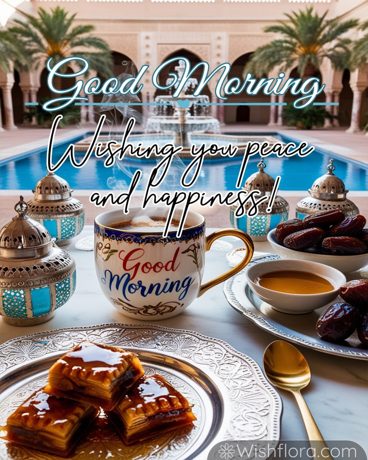 Elegant good morning image featuring baklava, dates, a honey dip, and a gold-detailed mug surrounded by lanterns and a sparkling fountain.