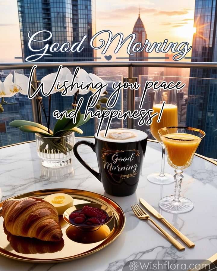 Good morning image of a frothy coffee cup, buttery croissant, fresh raspberries, and orange juice against a sunrise-lit city skyline.