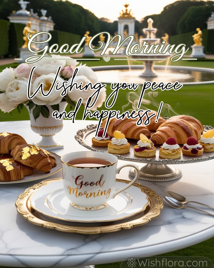 Good morning blessings in a regal garden setting with a golden teacup, croissants, pastries, and a majestic fountain surrounded by greenery.