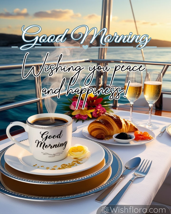 Good morning image of a steaming coffee cup, croissant, smoked salmon, caviar, and fresh flowers on a luxury yacht with an ocean sunrise.