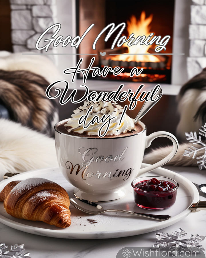 Good Morning Images of a cozy fireside breakfast with a steaming hot chocolate, golden croissant, berry jam, and festive winter decorations, spreading cheerful morning blessings.