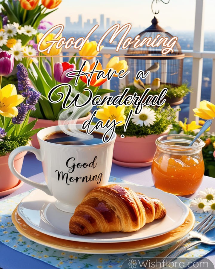 Bright Good Morning Images of a sunny balcony breakfast with a steaming mug, golden croissant, orange marmalade, colorful flowers, and a city skyline in the background.